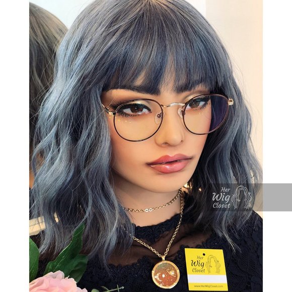 12" Ashy Blue Gray Wavy Wig with Bangs | Stacy - Picture 10 of 10